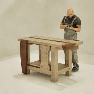 Peut inclure: Un établi en bois de couleur claire avec un accent marron foncé sur le côté. L'établi a une étagère inférieure et une série de trous. Une personne se tient à côté de l'établi.