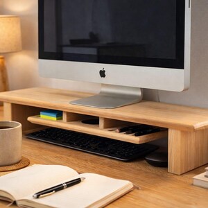 Peut inclure: Un support d'écran en bois clair avec une étagère intégrée, supportant un écran d'ordinateur. Un clavier noir, une souris et une tasse à café sont sur le bureau. Un cahier et un stylo sont au premier plan.