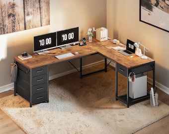 Modern L-Shaped Desk 78.7 Inch with 5 Drawers Reversible 2 Person