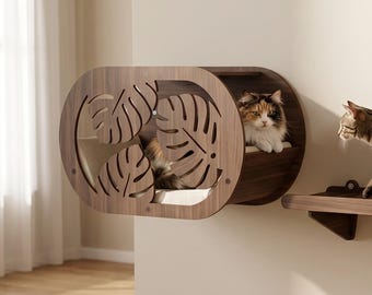 Wooden Cat Wall House Set  Modern Cat Wall Furniture  Floating Cat House with Soft Bed Wall Bridge & Climbing Steps  Handmade Cat Playground