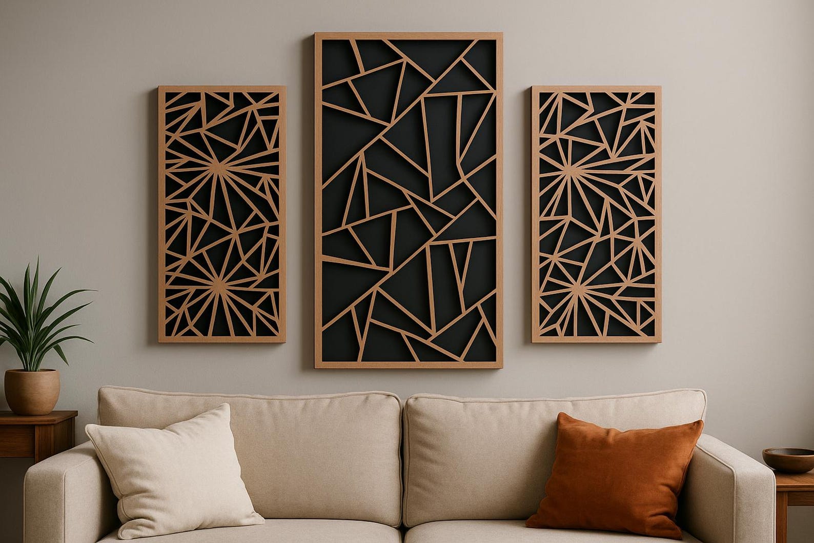 Geometric Wood Wall Art Set of 3, Boho Living Room Decor - Etsy