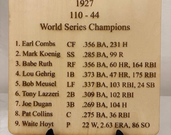 Può includere: Una targa in legno che commemora la squadra dei New York Yankees "Murderers' Row" del 1927, campioni delle World Series. La targa mostra i nomi e le statistiche dei membri della squadra, inclusi media battuta e fuoricampo. La targa è supportata da un supporto nero.