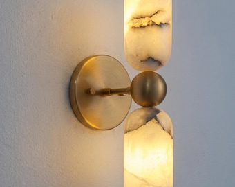 Aplique de pared cilíndrico de latón alabastro con doble luz, lámpara minimalista de lujo