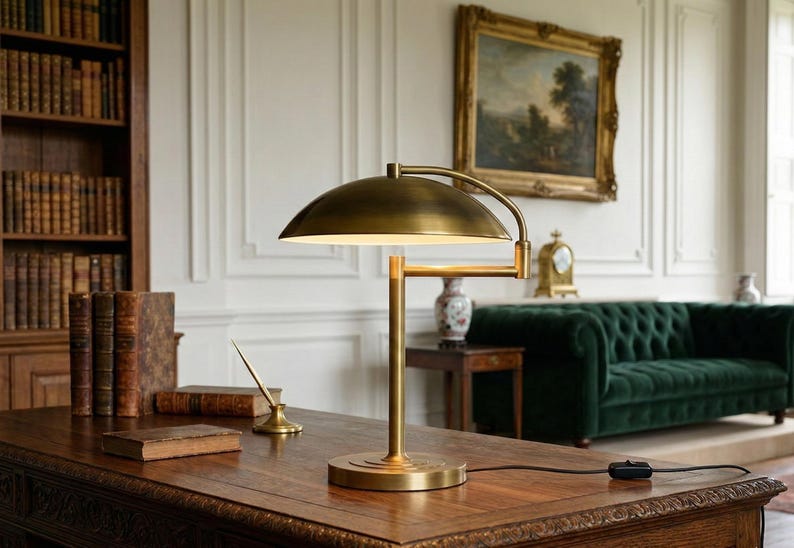 Pode incluir: Uma lumin&aacute;ria de mesa de lat&atilde;o com uma c&uacute;pula e bra&ccedil;o ajust&aacute;vel est&aacute; em uma mesa de madeira. A lumin&aacute;ria est&aacute; acesa, emitindo um brilho quente. A mesa est&aacute; em uma sala com uma estante, livros e um sof&aacute; verde.
