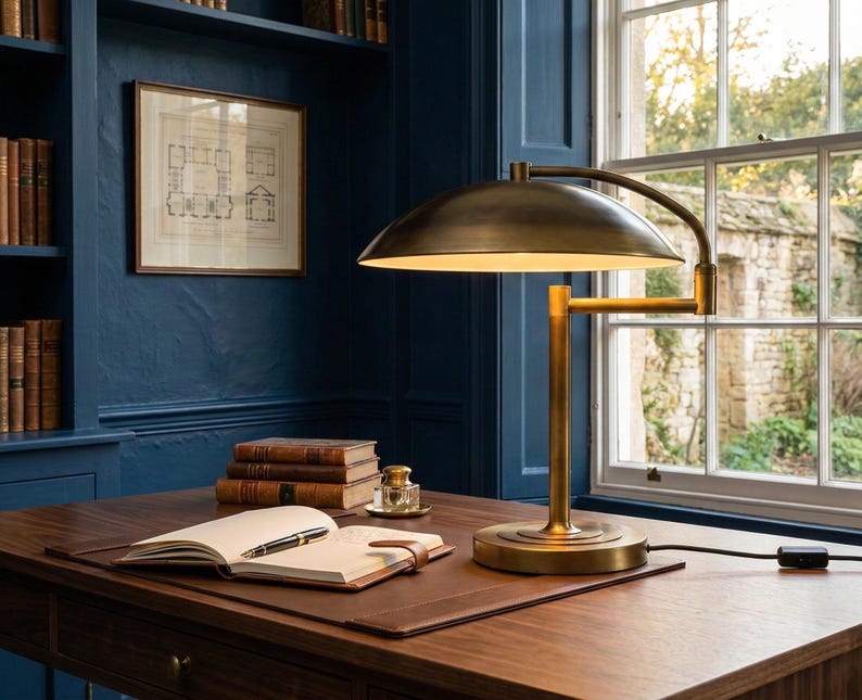 Pode incluir: Uma lumin&aacute;ria de mesa de lat&atilde;o com um bra&ccedil;o curvo e uma c&uacute;pula est&aacute; em uma mesa de madeira. Um caderno de couro com uma caneta, uma pilha de livros e um desenho arquitet&ocirc;nico emoldurado tamb&eacute;m est&atilde;o na mesa. O fundo apresenta uma parede azul e uma janela.
