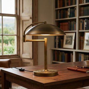 Pode incluir: Uma lumin&aacute;ria de mesa de lat&atilde;o com uma c&uacute;pula e um bra&ccedil;o ajust&aacute;vel est&aacute; em uma mesa de madeira. A l&acirc;mpada est&aacute; acesa, iluminando a mesa. Um di&aacute;rio em couro, caneta e x&iacute;cara de ch&aacute; tamb&eacute;m est&atilde;o na mesa.