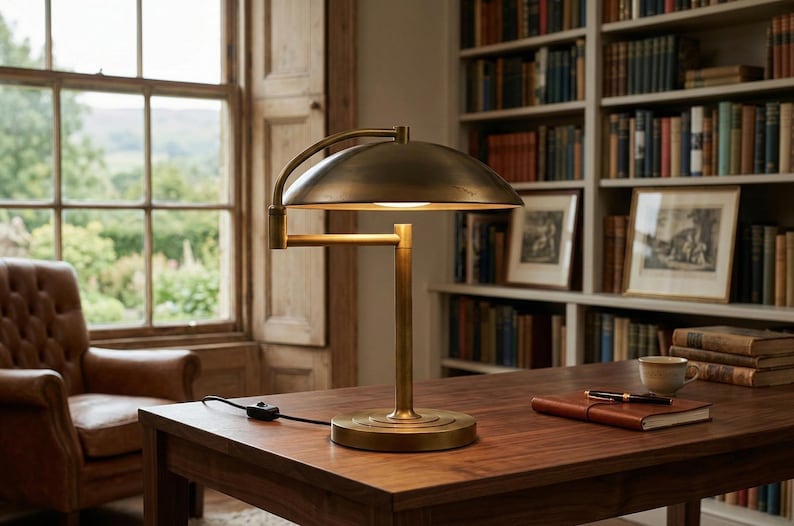 Pode incluir: Uma lumin&aacute;ria de mesa de lat&atilde;o com uma c&uacute;pula e um bra&ccedil;o ajust&aacute;vel est&aacute; em uma mesa de madeira. A l&acirc;mpada est&aacute; acesa, iluminando a mesa. Um di&aacute;rio em couro, caneta e x&iacute;cara de ch&aacute; tamb&eacute;m est&atilde;o na mesa.