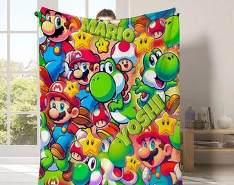 Mario & Yoshi Plush Blanket, Soft Minky Throw, Ultra-Soft Comfort Blanket for Bed, Sofa, Relax Time, Warm Plush Blanket, Home Decor