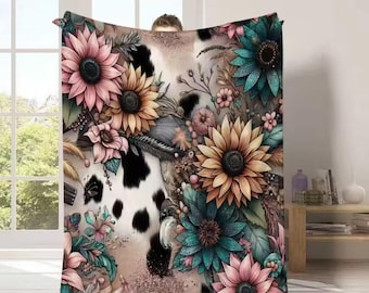 Sunflower Cow Print Minky Plush Blanket, Boho Floral Throw, Everyday Cozy Blanket, Warm & Family-Friendly, Perfect for Cold Days And Nights