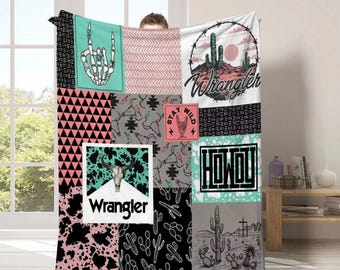 Country Western Wrangler Patchwork Minky Plush Blanket, Snuggly Soft Blanket – Lightweight, Warm & Durable, Bed Decoration, Gift For Friend