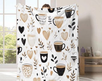 Coffee Pattern Minky Plush Blanket, Latte, Cappuccino, 50x60, Soft Fleece Blanket for Relaxing, Reading & Movie Nights, Warm Sherpa Blanket