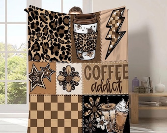 Blanket, Coffee Patchwork, Checker, Leopard, Brown, Iced, Frappe', Caffeine,  Repeating Pattern, Cozy Throw for Cuddling, coffee lovers gift