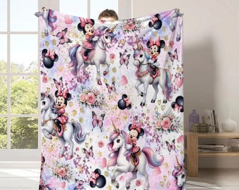 Minnie Unicorn Minky Plush Blanket, Cartoon Pattern, Perfect for Cold Days & Nights, Luxury Plush Blanket for Cozy Moments at Home, Gift