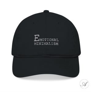 EMOTIONAL MINIMALISM Embroidered Baseball Cap · Black Organic Cotton Hat · Minimal Unisex Cap · Adiós Studio