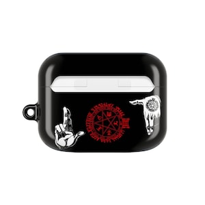May include: Black AirPod case with a red pentagram and white hand illustrations. The case has a glossy finish and a small loop for attaching to a keychain or lanyard. The design is a gothic or occult theme.