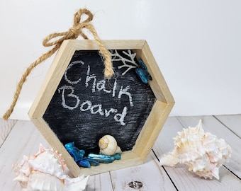 Beachy Shell and Rock Decorated Hexagon Chalkboard with Twine Bow