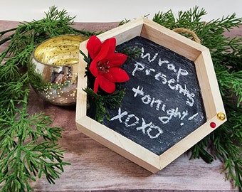 Holiday Red and Gold Decorated Hexagon Chalkboard with Poinsettia