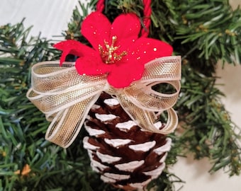 Hand Painted Snow Covered Pine Cone Ornament Decoration with Bow and Poinsettia