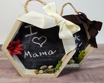 Outdoor Floral and Stone Decorated Hexagon Chalkboard with Bow