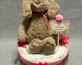 Baby Girl Diaper Cake Petunia the Puppy Gift and Customizable Shower Centerpiece (2 pink variations)