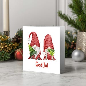 Red Gnome Christmas Card/ Scandinavian Holiday Gnomes 15x15 cm/ Cozy Winter Greeting Card