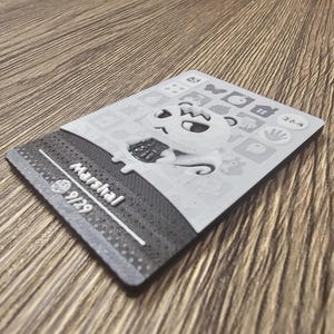 May include: A grey and white card with the name "Marshal" and the number "9/29". The card features a cartoon character and various icons. The surface has a textured finish.