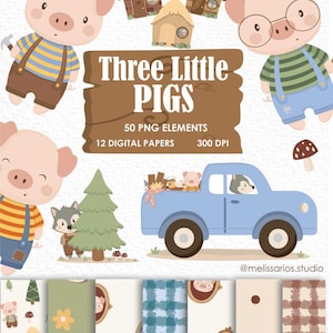 Pode incluir: Um conjunto gráfico digital com porquinhos, casas, um caminhão azul e um lobo. O texto diz Three Little PIGS, 50 PNG ELEMENTS, 12 DIGITAL PAPERS, 300 DPI e @melissarios.studio. Inclui vários papéis estampados com porquinhos e motivos florais.