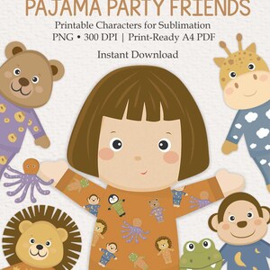 Pode incluir: Uma ilustração digital intitulada PAJAMA PARTY FRIENDS apresentando uma criança ao centro com pijama castanho, rodeada por um urso castanho, uma girafa, um leão, um macaco, um sapo verde e um polvo roxo com pijamas estampados.