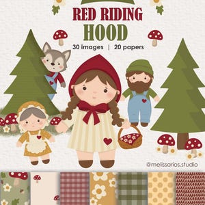 Little Red Riding Hood Clipart and Seamless Patterns, Digital Paper Pack, Woodland Fairytale Kit, PNG 300 DPI, Printable Scrapbook