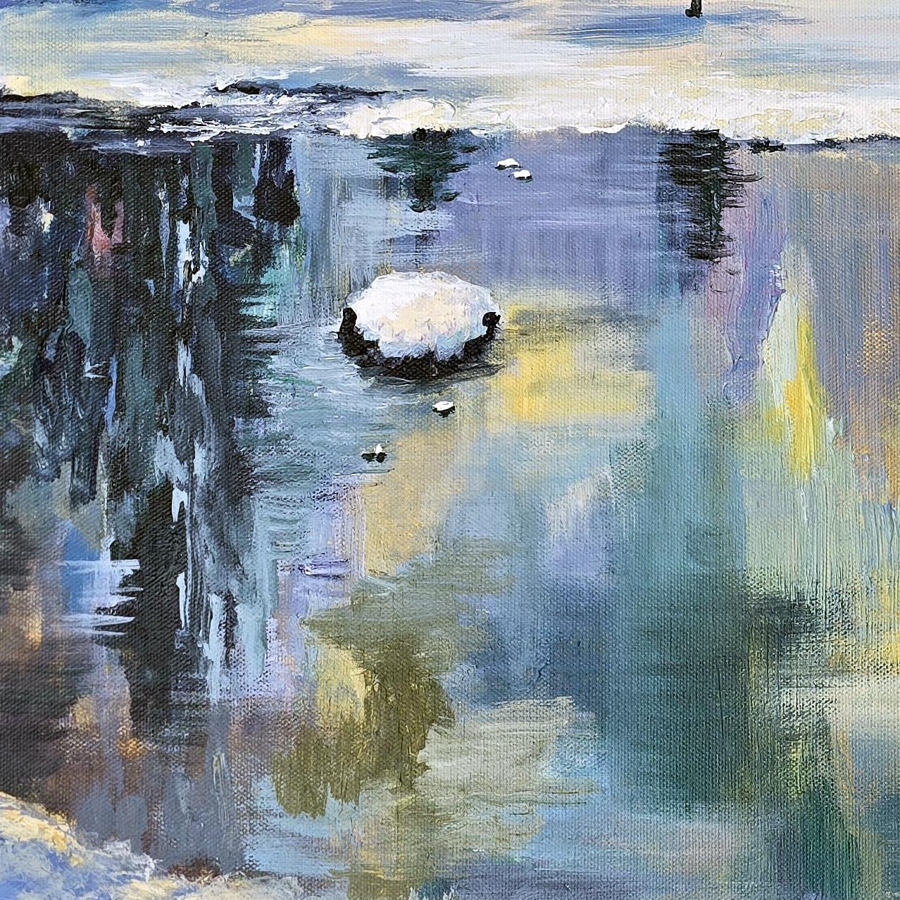 油絵 絵画 【冬の川】 冬の川の風景 オリジナルアート 20インチ×20インチ 雪景色 航海を