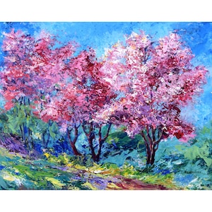Colorful Original painting Sakura painting Landscape art Original art Acrylic painting Stretched сanvas 16x20&quot; Art by Rodionova TRartGALLERY