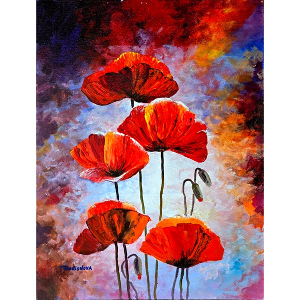 Coquelicots fleurs peinture florale art original empâtement nature peint à la main peinture à l'huile sur toile 16" par 12" art par Rodionova TRartGALLERY