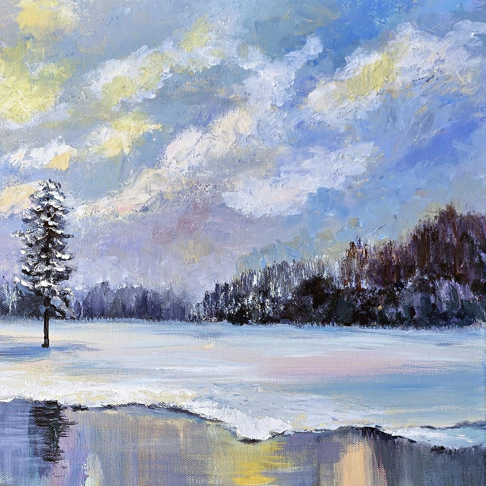 冬の川の風景 オリジナルアート 20インチ×20インチ 雪景色 航海を