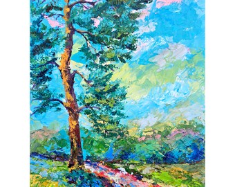 Pine tree Landscape Painting Original Art Hiking Impasto nature Acrylic Painting on Canvas panel 12" by 9" Art by Rodionova  TRartGALLERY