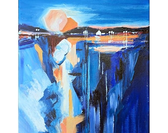 Abstract Landscape Sunrise Original Art 14”x11” Seascape Artwork Nautical Blue lovers Painting by Rodionova TRartGALLERY