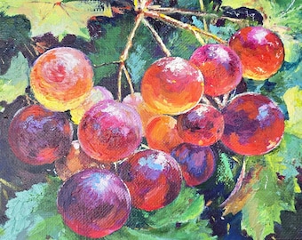 ブドウの絵 オリジナル油絵 ブドウの壁アート フルーツの絵 新聞アート