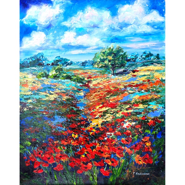 Poppy Field Painting California poppies Original Art 20”x16" Landscape Artwork Countryside Wall Art Painting by Rodionova TRartGALLERY