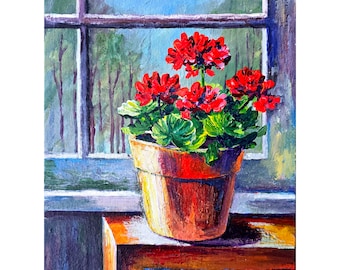 Geranium Painting Floral Original Art 12x9” Red flowers Artwork Still life  by Rodionova TRartGALLERY