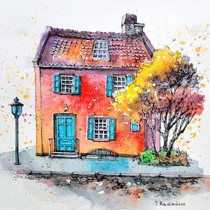Cozy house Original Art Watercolor painting Cottage Painting Nostalgia Colorful watercolor on paper 9&quot; by 9” Art by Rodionova TRartGALLERY