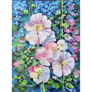 Hollyhock Painting Floral Original Art 12”x9&quot; Flower Artwork Hollyhock Wall Art Painting by Rodionova  TRartGALLERY