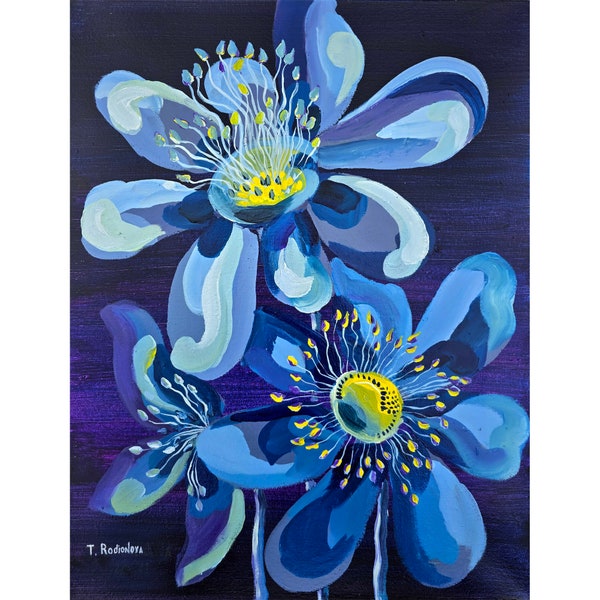 Abstract Original Lilac Flowers Painting Floral Art 18”x14”Flower Artwork Blue Wall Art Painting by Rodionova TRartGALLERY