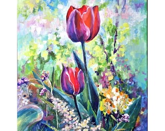 Red Tulips Original Floral Abstraction Contemporary Red Flowers art Acrylic art Painting on canvas 20x16 Art by Rodionova TRartGALLERY