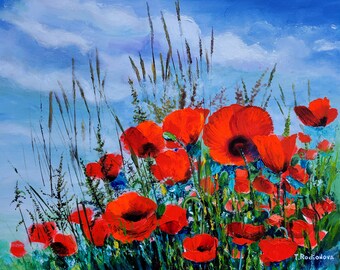 Poppies Original painting Floral painting Original art Acrylic painting Stretched Canvas 16"x20" Art by Rodionova TRartGALLERY