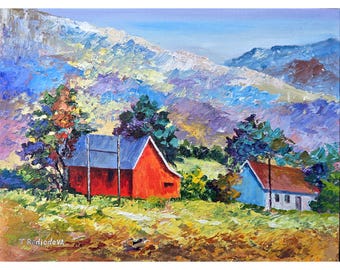 Paisaje de graneros antiguos, obra de arte original de 9 x 12 pulgadas, arte de montaña, arte mural náutico, pintura de Virginia por Rodionova TRartGALLERY
