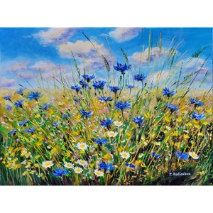 Summer Original painting Cornflowers painting Landscape Original art Acrylic painting Stretched Canvas 18&quot;x24&quot; Art by Rodionova TRartGALLERY
