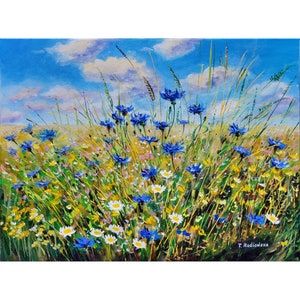 Summer Original painting Cornflowers painting Landscape Original art Acrylic painting Stretched Canvas 18"x24" Art by Rodionova TRartGALLERY