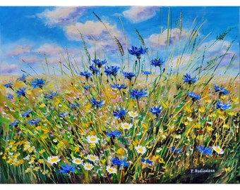 Summer Original painting Cornflowers painting Landscape Original art Acrylic painting Stretched Canvas 18"x24" Art by Rodionova TRartGALLERY