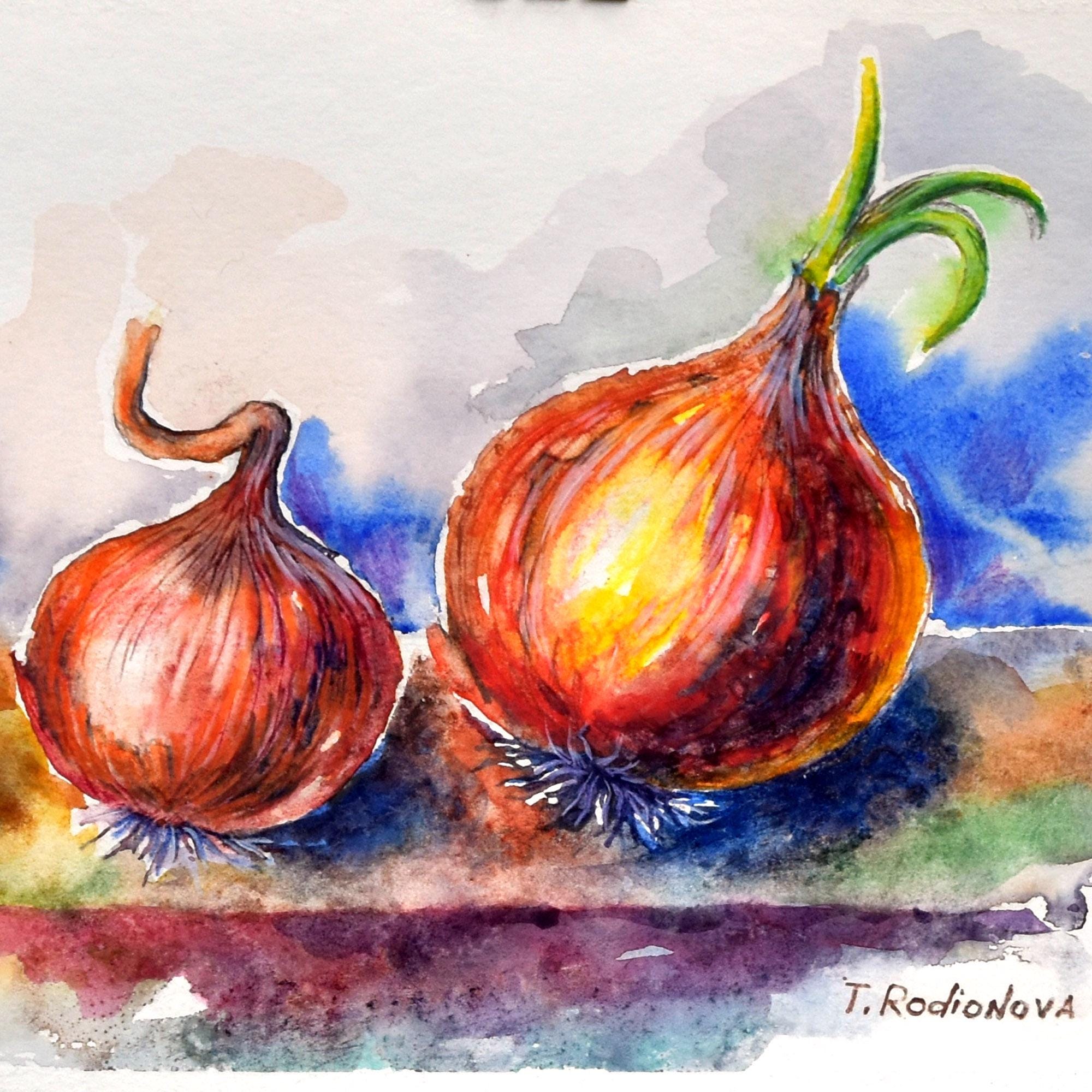 Onion Painting Vegetables Original Art 9”x12” Kitchen Artwork Food Wall Art Painting by Rodionova TRartGALLERY