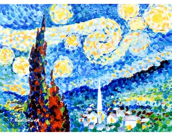 Starry night Original art Van Gogh painting Van Gogh art Acrylic art Painting on Canvas panel 12x16&quot; Art by Rodionova TRartGALLERY