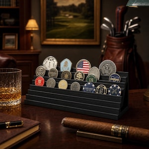 May include: A black tiered display stand holding a collection of various circular and shield-shaped challenge coins. The coins feature diverse designs including an American flag, an anchor, a tree, and various emblems, arranged in rows on the stand.